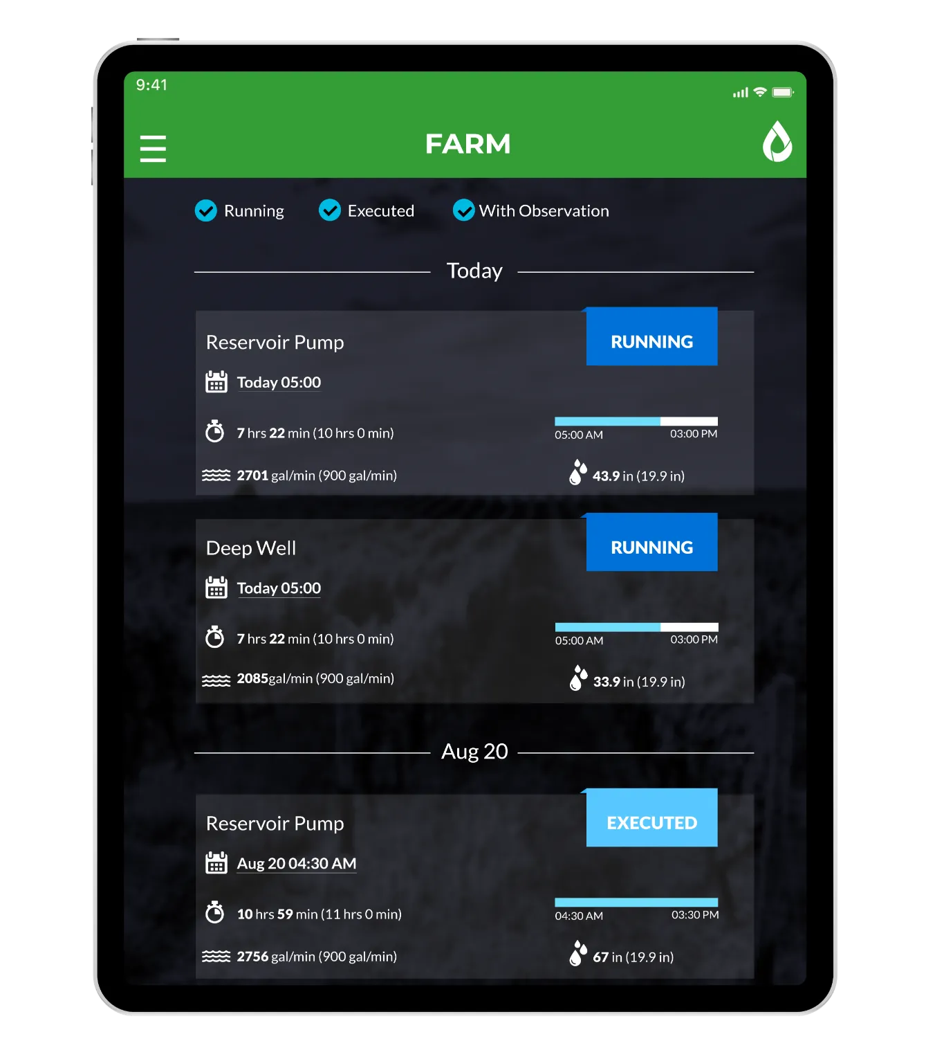 Tableta digital mostrando estadísticas precisas sobre consumo de agua y riego controlado mediante un avanzado programa de diseño de riego agrícola.