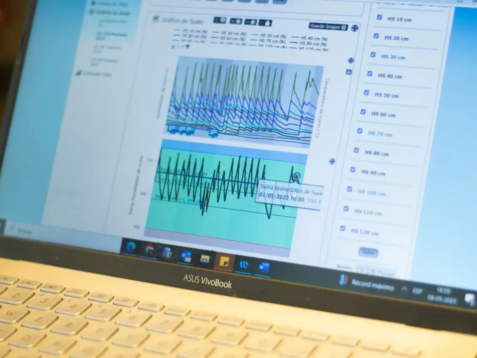 Computer screen displaying real-time field data collected by sensors and processed for precise greenhouse automation.