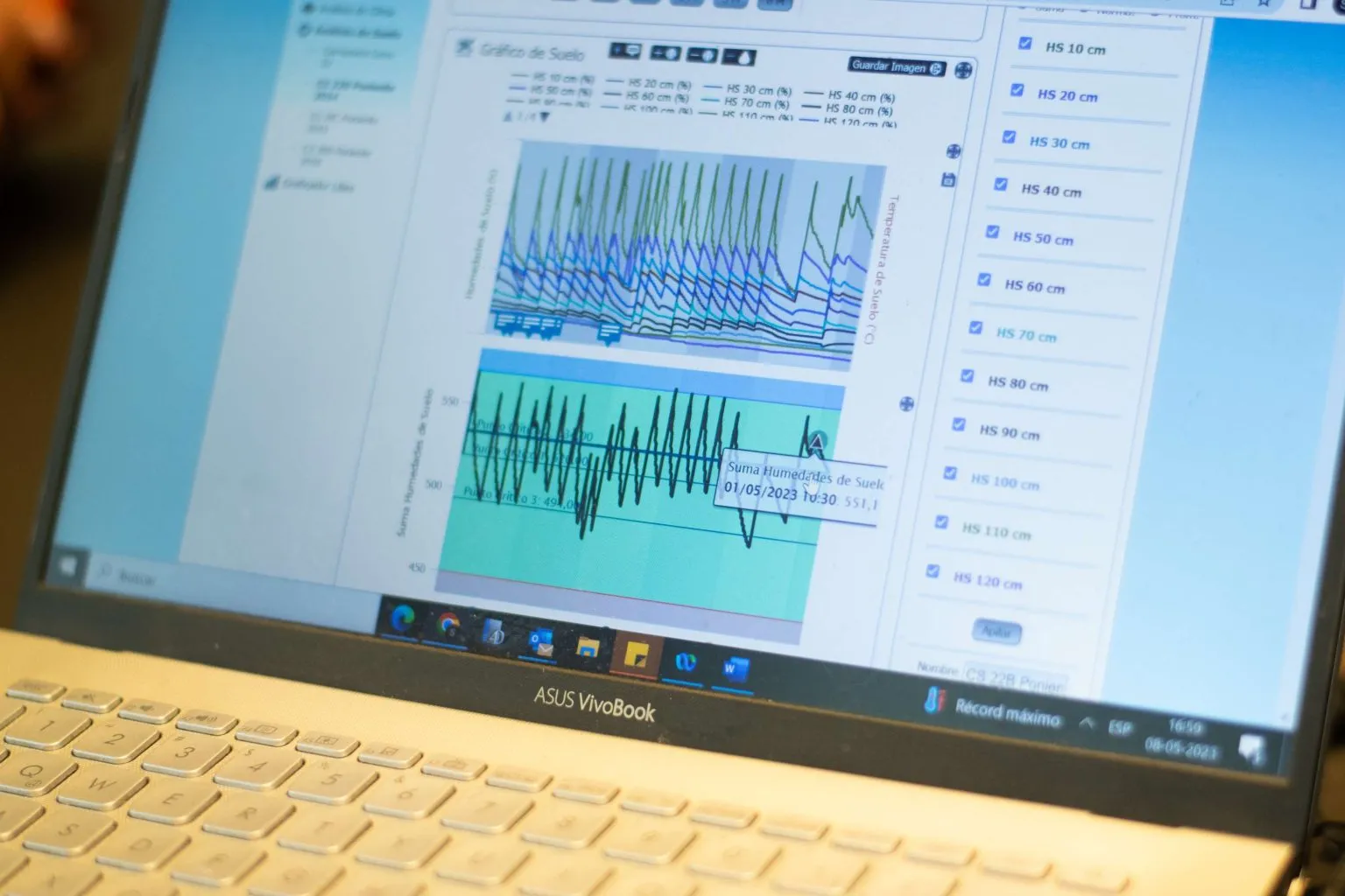 Computer screen displaying real-time field data collected by sensors and processed for precise greenhouse automation.