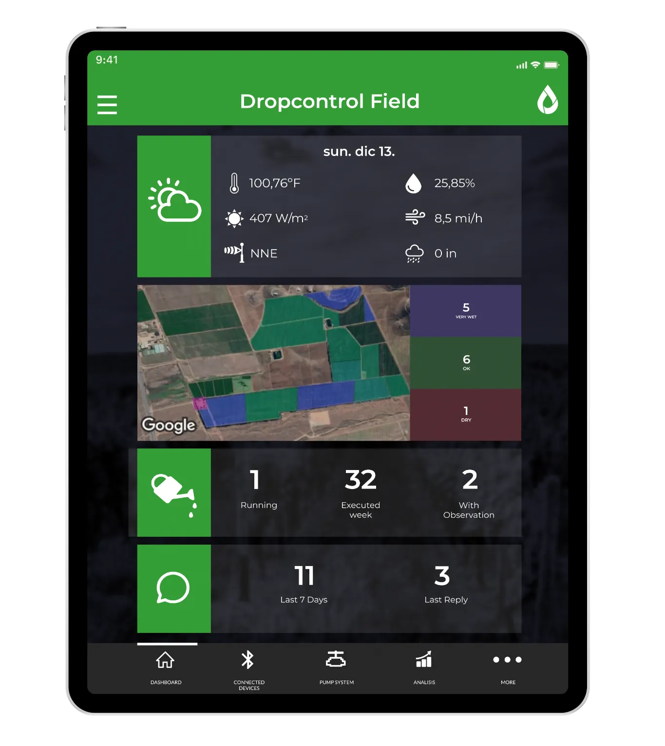 Cultivated field monitored in real time with sensors connected to an irrigation design program for efficient water management.