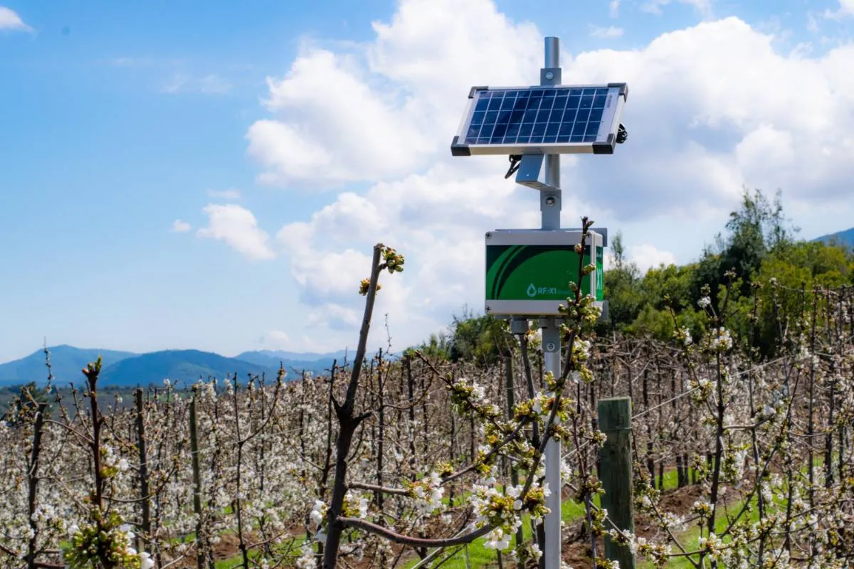 A modern control hardware device installed in a blooming field with colorful flowers, enabling smart data collection for efficient AI in agriculture.