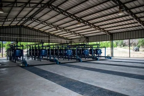 View of industrial water pumps installed, optimizing irrigation maintenance and showing connections and design for continuous operation