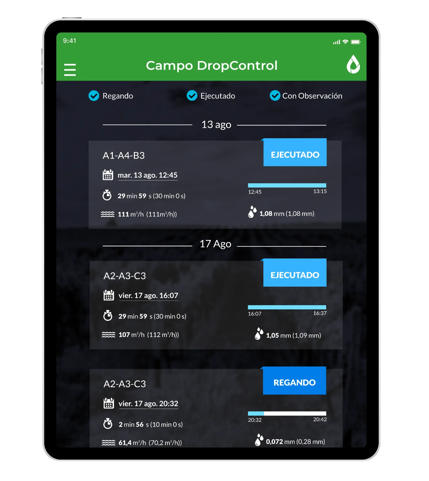 Digital device with irrigation indicators and water consumption tracking using Irrigation Management Software to optimize crop production.
