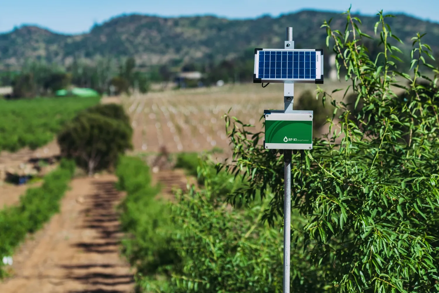 DROP CONTROL device placed in the field to supervise and control water flow through automated irrigation